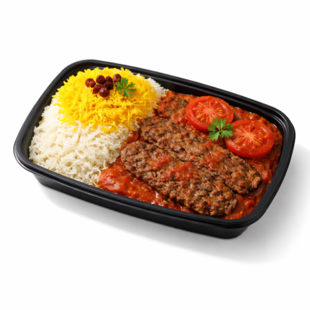 Pan-fried kebab with saffron rice